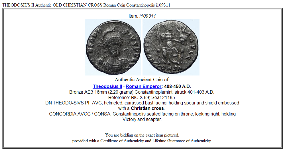 THEODOSIUS II Authentic OLD CHRISTIAN CROSS Roman Coin Constantinopolis i109311