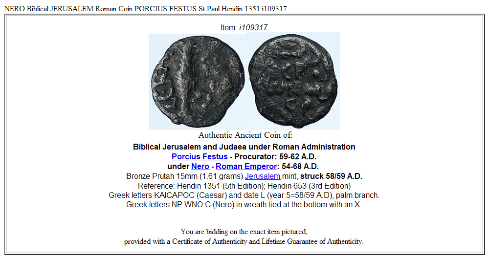 NERO Biblical JERUSALEM Roman Coin PORCIUS FESTUS St Paul Hendin 1351 i109317