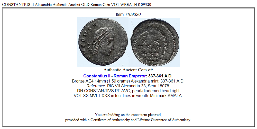 CONSTANTIUS II Alexandria Authentic Ancient OLD Roman Coin VOT WREATH i109320