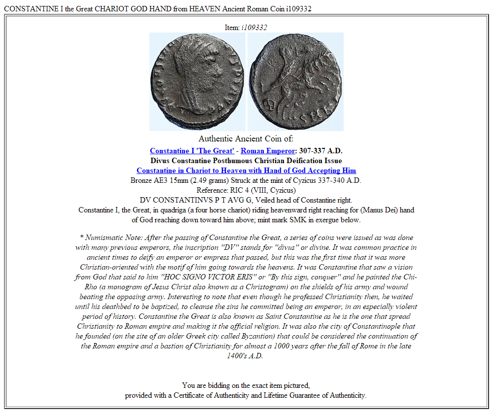 CONSTANTINE I the Great CHARIOT GOD HAND from HEAVEN Ancient Roman Coin i109332