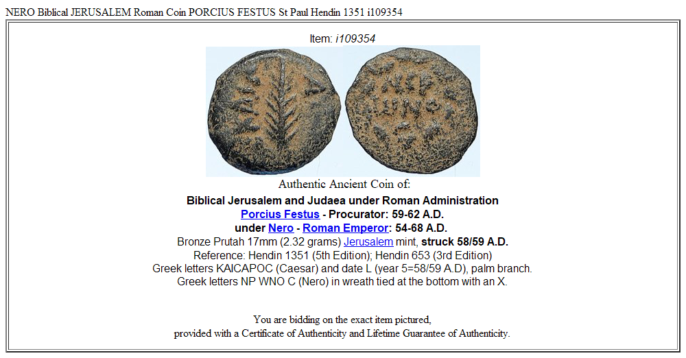 NERO Biblical JERUSALEM Roman Coin PORCIUS FESTUS St Paul Hendin 1351 i109354