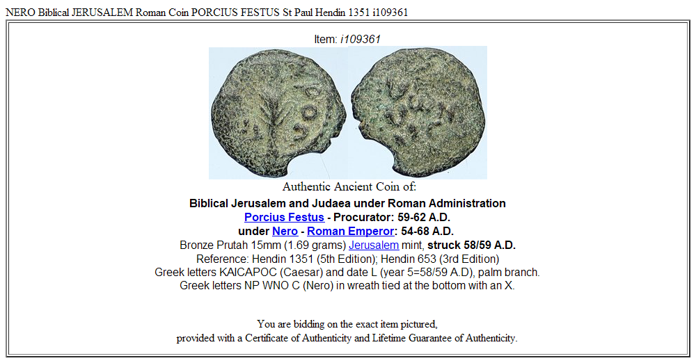 NERO Biblical JERUSALEM Roman Coin PORCIUS FESTUS St Paul Hendin 1351 i109361