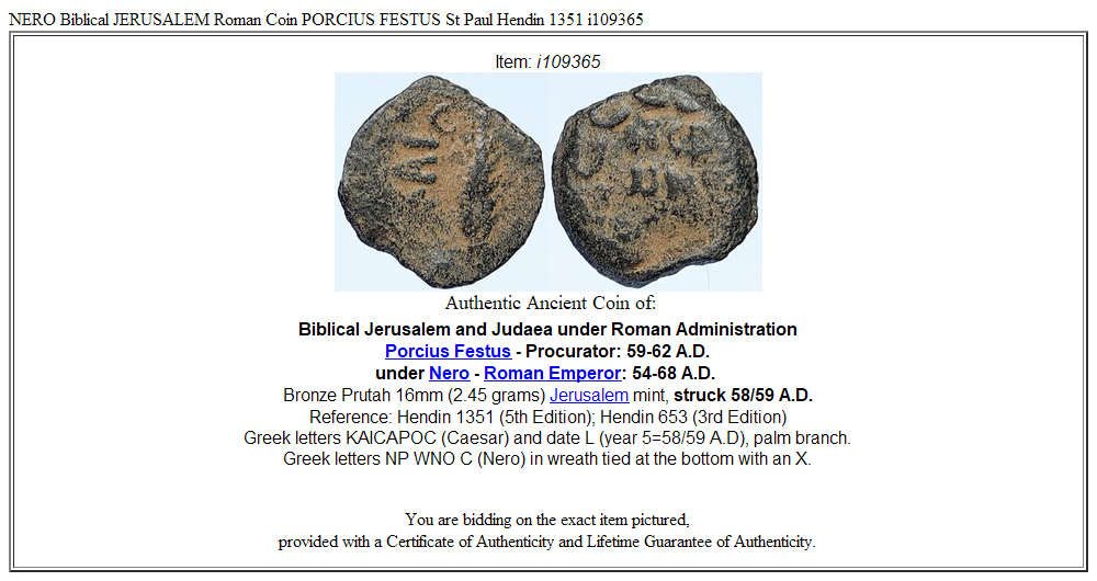 NERO Biblical JERUSALEM Roman Coin PORCIUS FESTUS St Paul Hendin 1351 i109365