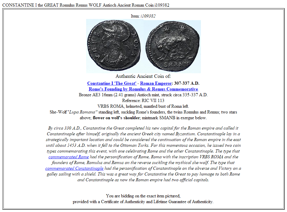 CONSTANTINE I the GREAT Romulus Remus WOLF Antioch Ancient Roman Coin i109382