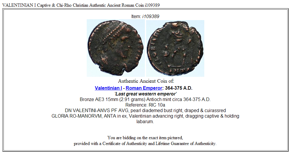 VALENTINIAN I Captive & Chi-Rho Christian Authentic Ancient Roman Coin i109389