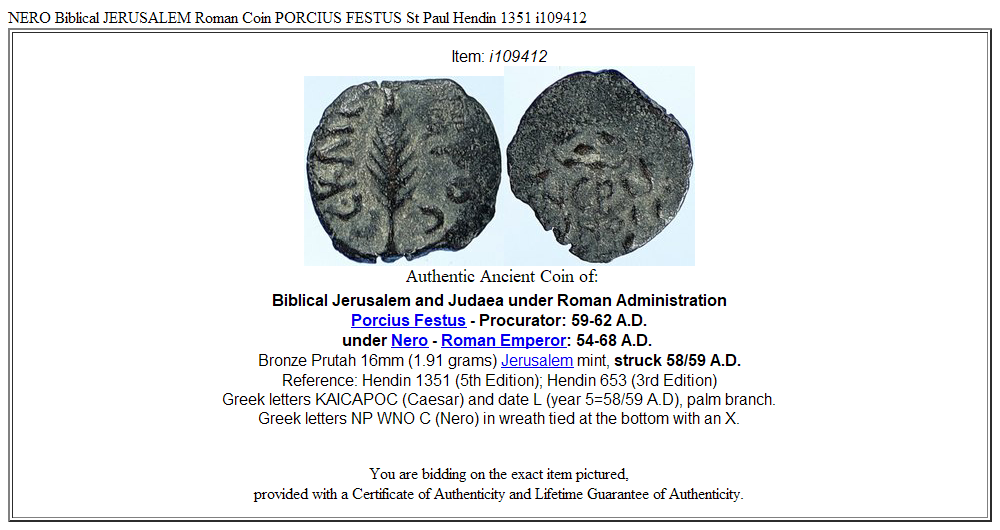 NERO Biblical JERUSALEM Roman Coin PORCIUS FESTUS St Paul Hendin 1351 i109412