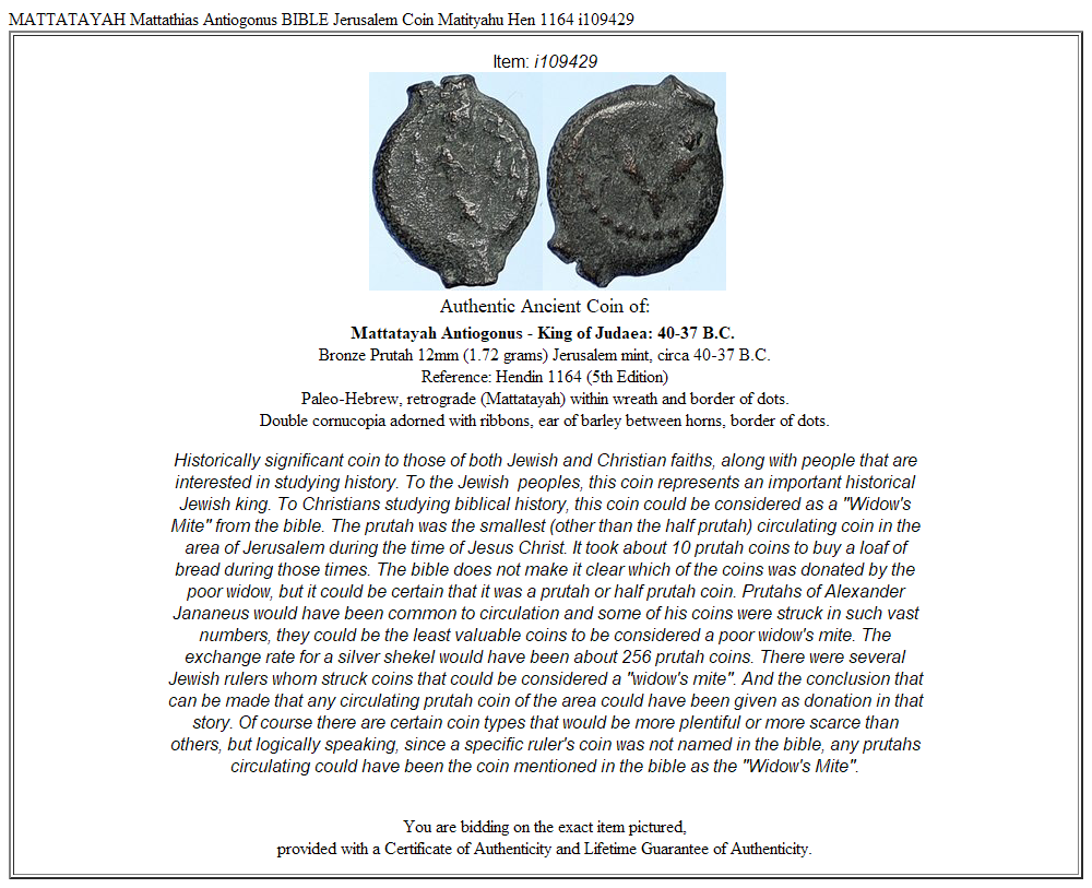 MATTATAYAH Mattathias Antiogonus BIBLE Jerusalem Coin Matityahu Hen 1164 i109429