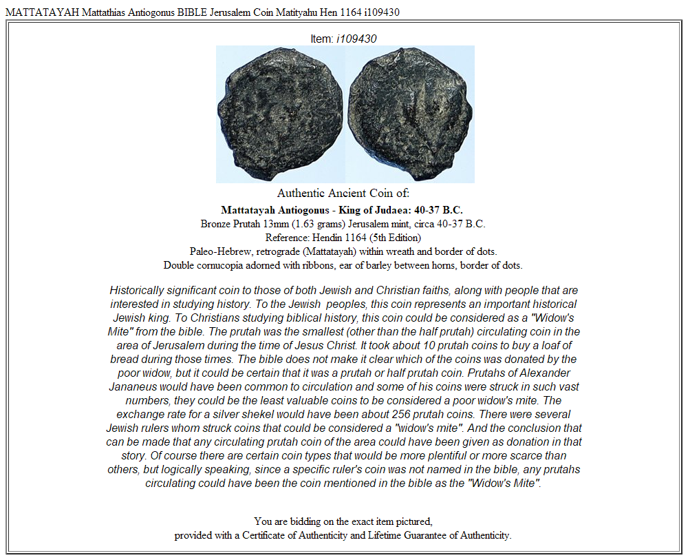 MATTATAYAH Mattathias Antiogonus BIBLE Jerusalem Coin Matityahu Hen 1164 i109430