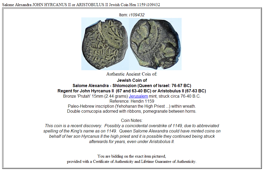 Salome Alexandra JOHN HYRCANUS II or ARISTOBULUS II Jewish Coin Hen 1159 i109432