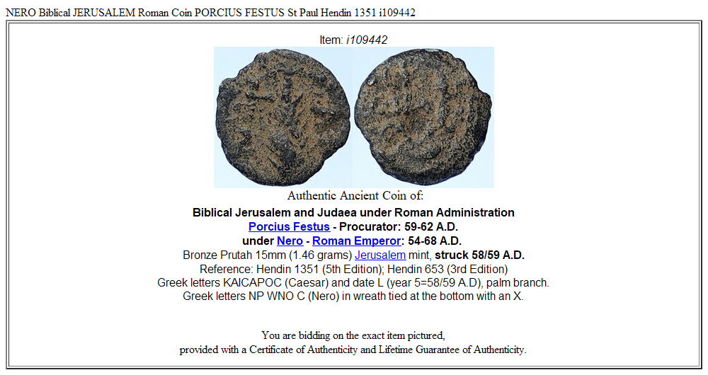 NERO Biblical JERUSALEM Roman Coin PORCIUS FESTUS St Paul Hendin 1351 i109442