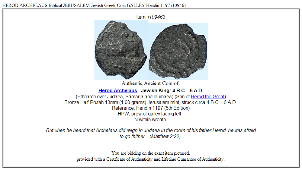 HEROD ARCHELAUS Biblical JERUSALEM Jewish Greek Coin GALLEY Hendin 1197 i109463