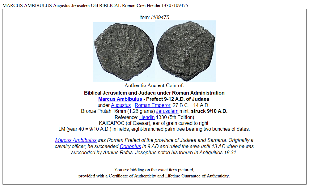 MARCUS AMBIBULUS Augustus Jerusalem Old BIBLICAL Roman Coin Hendin 1330 i109475