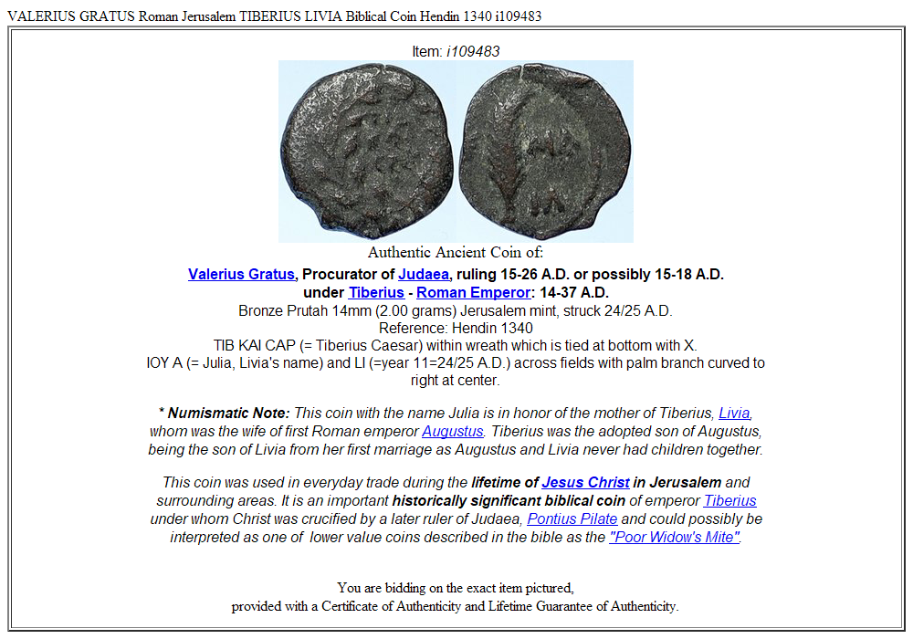 VALERIUS GRATUS Roman Jerusalem TIBERIUS LIVIA Biblical Coin Hendin 1340 i109483