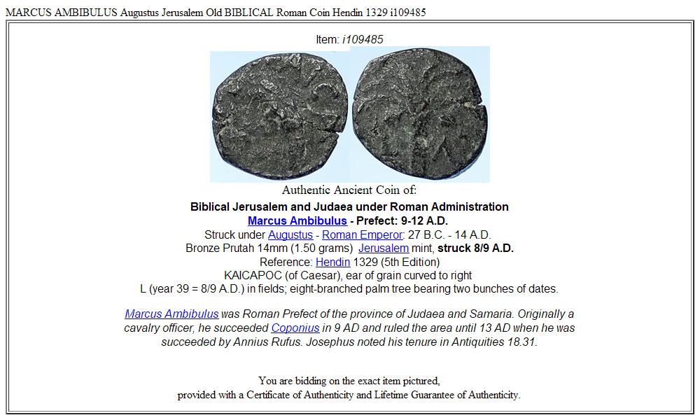 MARCUS AMBIBULUS Augustus Jerusalem Old BIBLICAL Roman Coin Hendin 1329 i109485