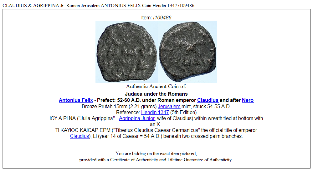 CLAUDIUS & AGRIPPINA Jr. Roman Jerusalem ANTONIUS FELIX Coin Hendin 1347 i109486