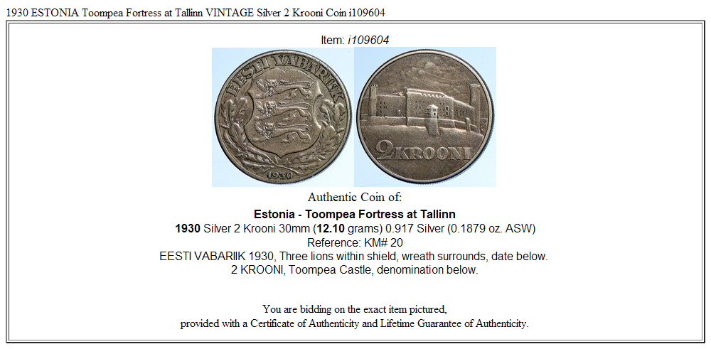 1930 ESTONIA Toompea Fortress at Tallinn VINTAGE Silver 2 Krooni Coin i109604