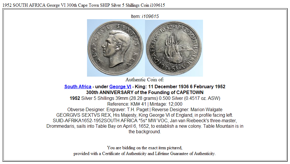 1952 SOUTH AFRICA George VI 300th Cape Town SHIP Silver 5 Shillings Coin i109615