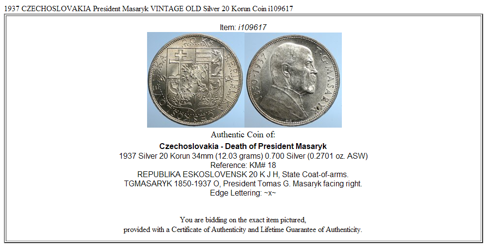 1937 CZECHOSLOVAKIA President Masaryk VINTAGE OLD Silver 20 Korun Coin i109617
