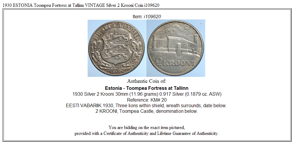 1930 ESTONIA Toompea Fortress at Tallinn VINTAGE Silver 2 Krooni Coin i109620