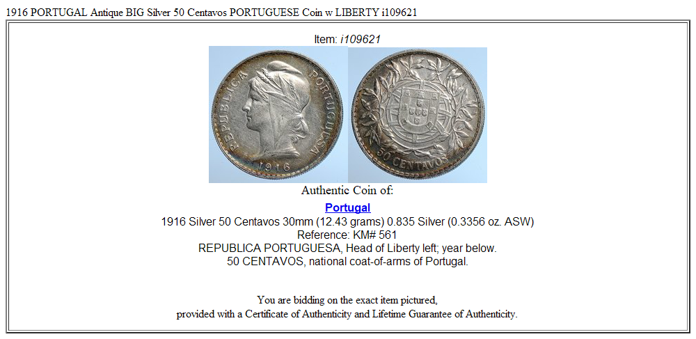 1916 PORTUGAL Antique BIG Silver 50 Centavos PORTUGUESE Coin w LIBERTY i109621