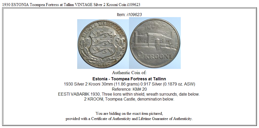 1930 ESTONIA Toompea Fortress at Tallinn VINTAGE Silver 2 Krooni Coin i109623