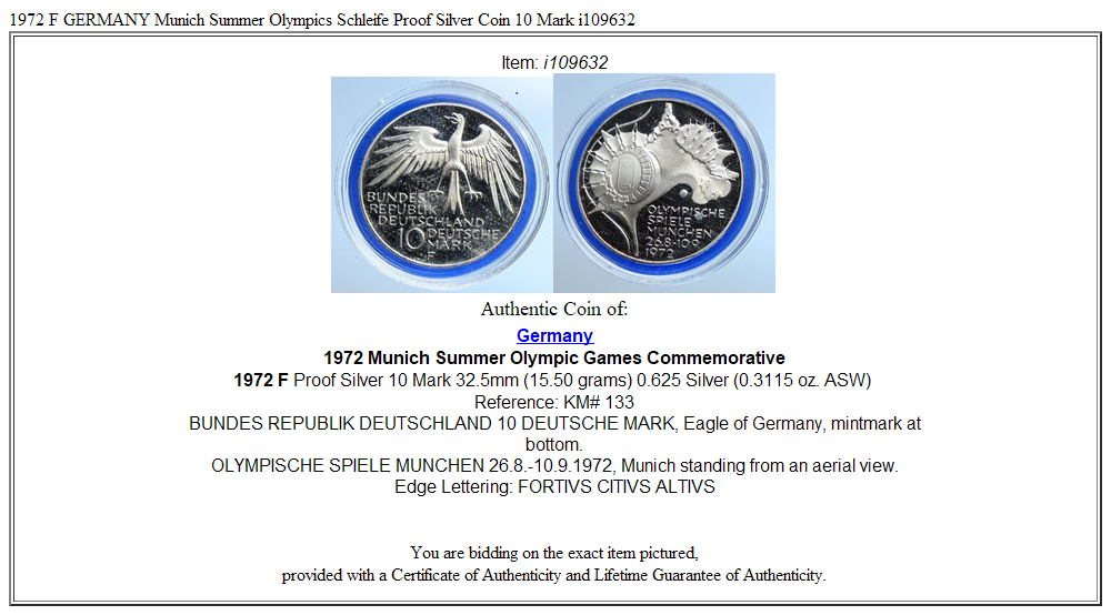 1972 F GERMANY Munich Summer Olympics Schleife Proof Silver Coin 10 Mark i109632