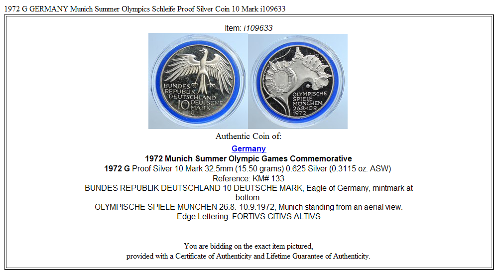 1972 G GERMANY Munich Summer Olympics Schleife Proof Silver Coin 10 Mark i109633