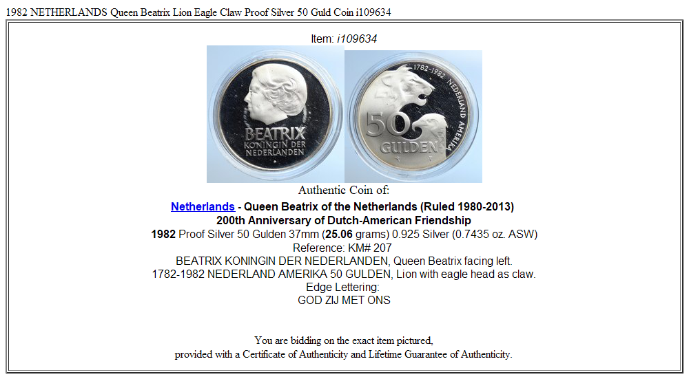 1982 NETHERLANDS Queen Beatrix Lion Eagle Claw Proof Silver 50 Guld Coin i109634