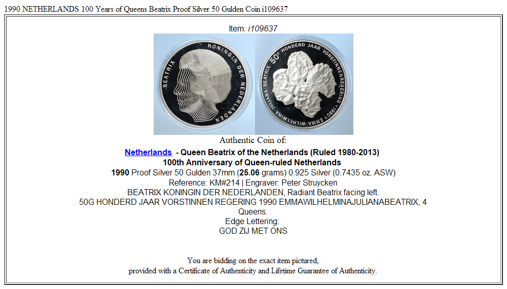 1990 NETHERLANDS 100 Years of Queens Beatrix Proof Silver 50 Gulden Coin i109637