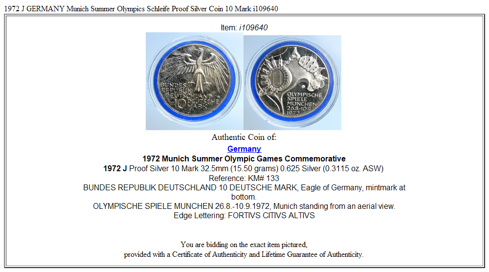 1972 J GERMANY Munich Summer Olympics Schleife Proof Silver Coin 10 Mark i109640