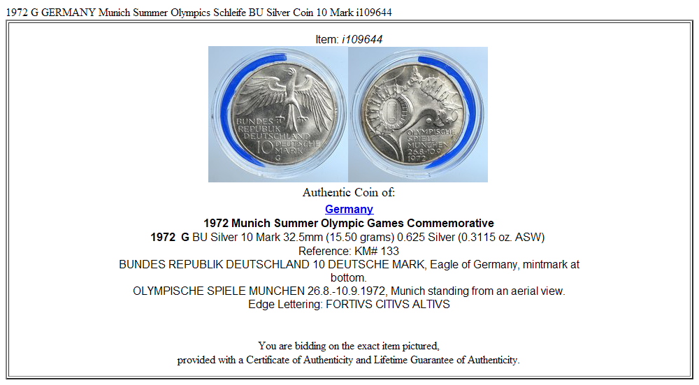 1972 G GERMANY Munich Summer Olympics Schleife BU Silver Coin 10 Mark i109644