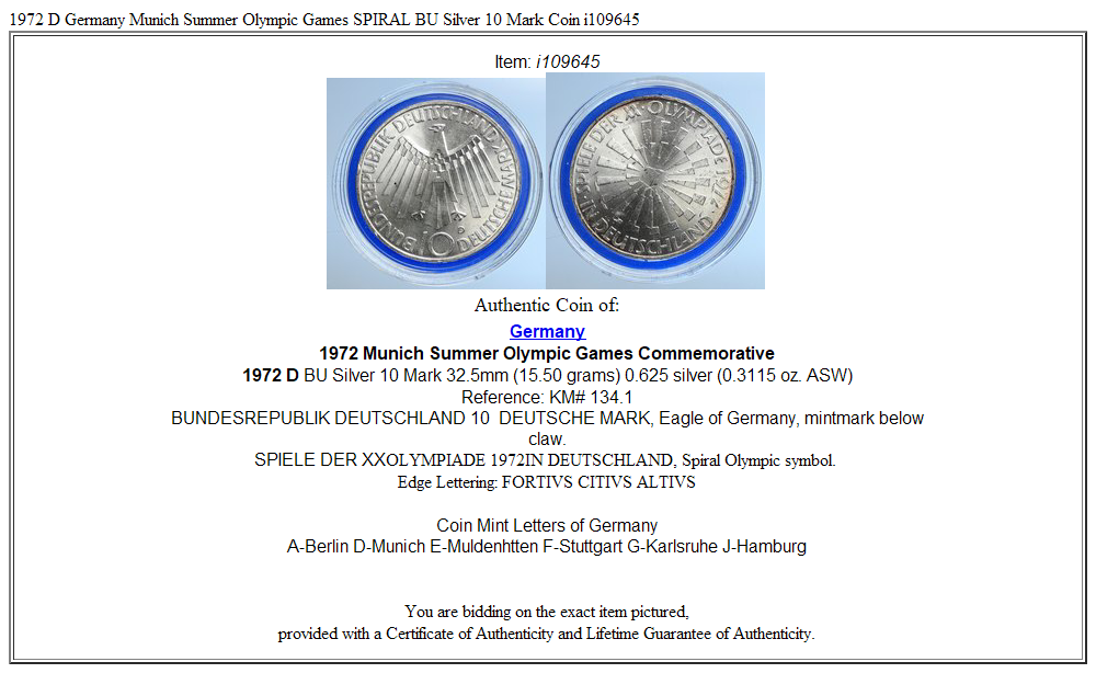 1972 D Germany Munich Summer Olympic Games SPIRAL BU Silver 10 Mark Coin i109645