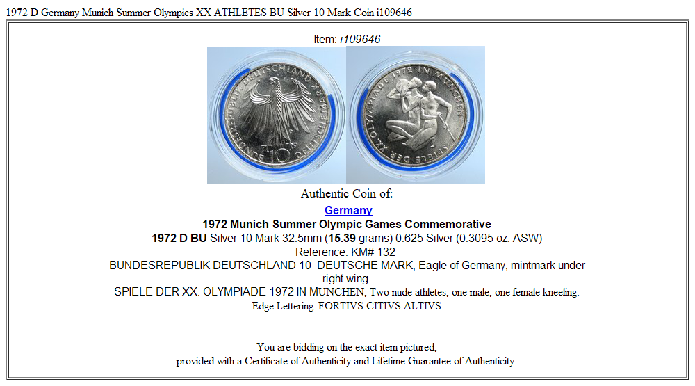 1972 D Germany Munich Summer Olympics XX ATHLETES BU Silver 10 Mark Coin i109646