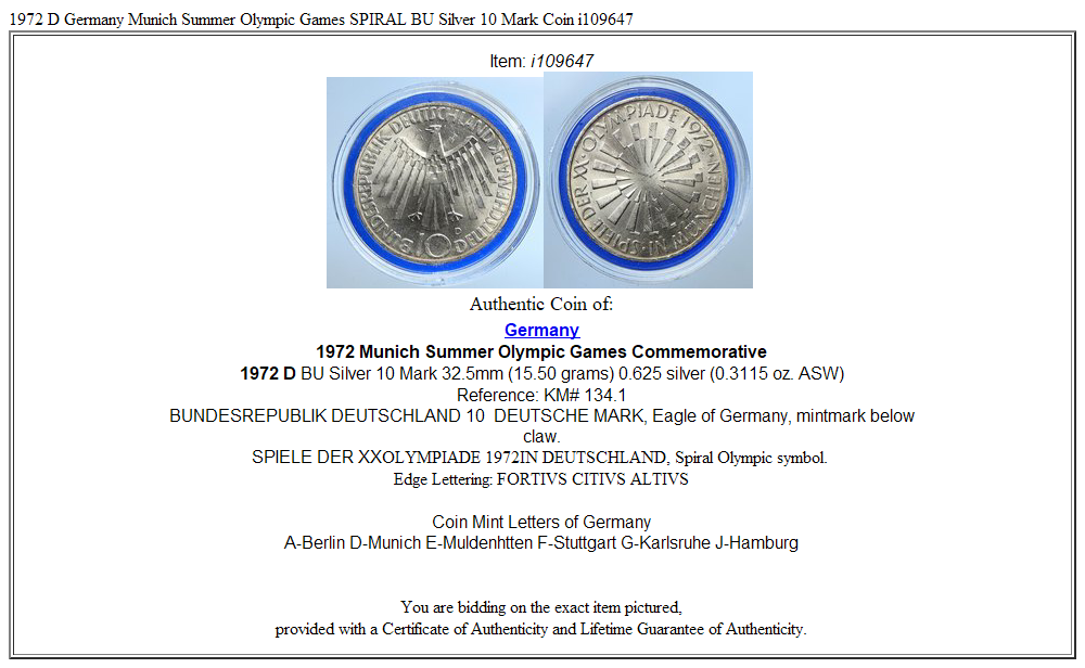 1972 D Germany Munich Summer Olympic Games SPIRAL BU Silver 10 Mark Coin i109647