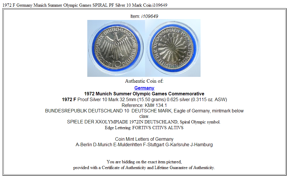 1972 F Germany Munich Summer Olympic Games SPIRAL PF Silver 10 Mark Coin i109649