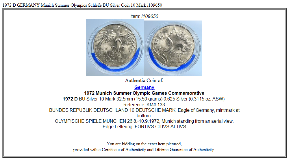 1972 D GERMANY Munich Summer Olympics Schleife BU Silver Coin 10 Mark i109650