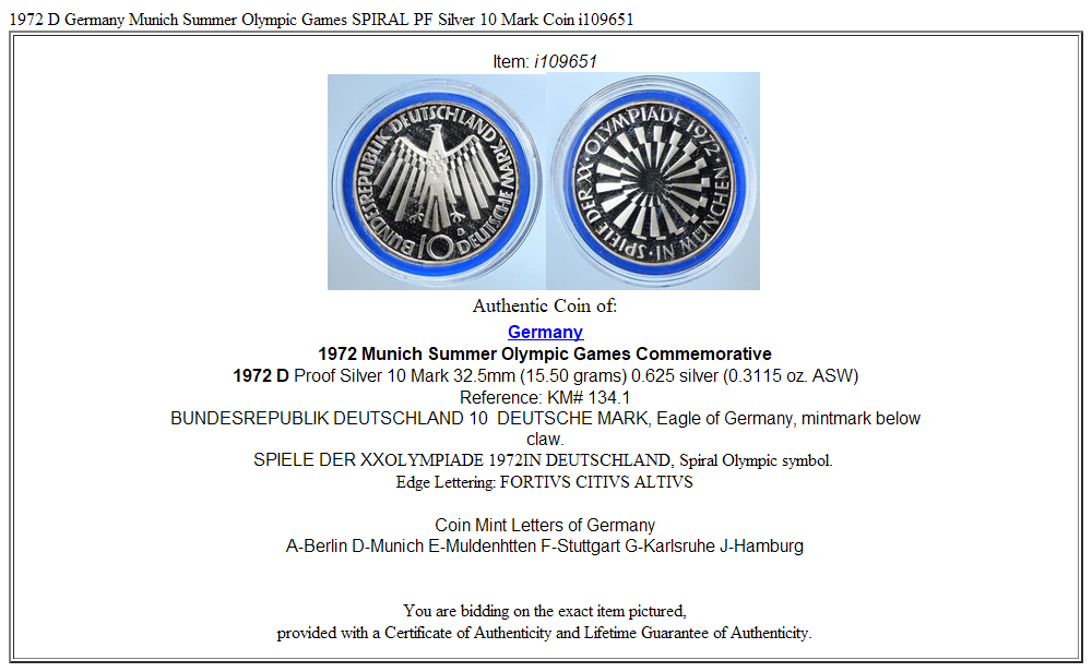 1972 D Germany Munich Summer Olympic Games SPIRAL PF Silver 10 Mark Coin i109651