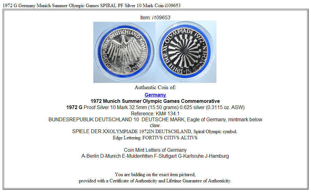 1972 G Germany Munich Summer Olympic Games SPIRAL PF Silver 10 Mark Coin i109653