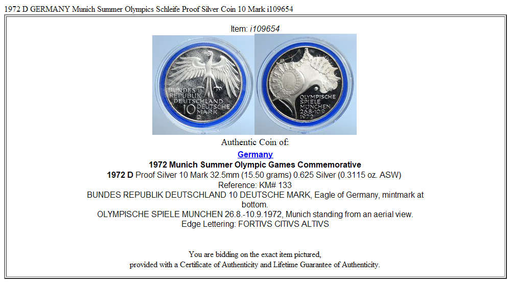 1972 D GERMANY Munich Summer Olympics Schleife Proof Silver Coin 10 Mark i109654