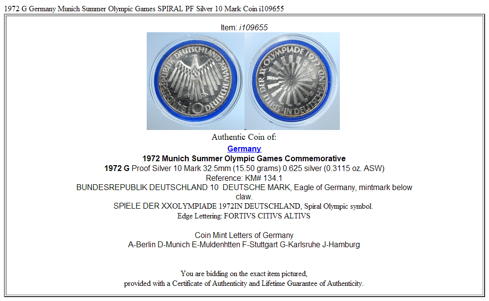 1972 G Germany Munich Summer Olympic Games SPIRAL PF Silver 10 Mark Coin i109655