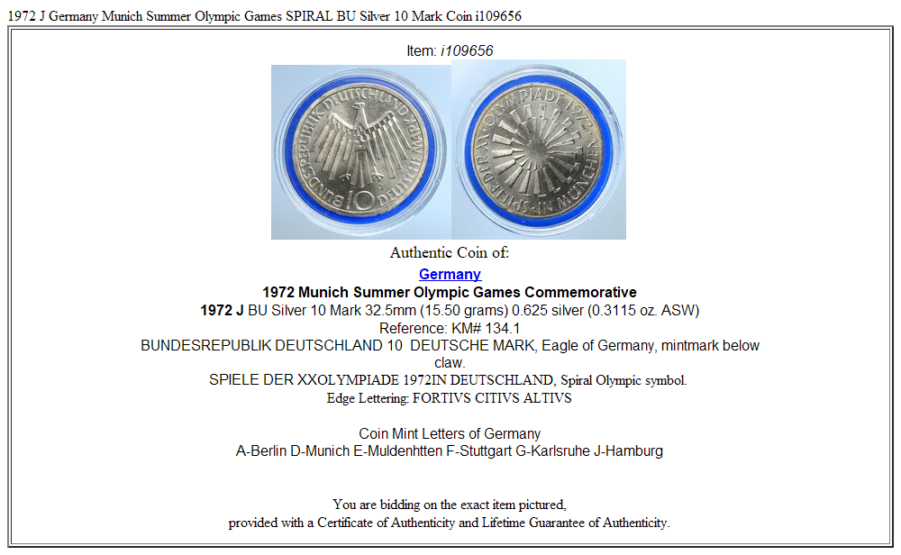 1972 J Germany Munich Summer Olympic Games SPIRAL BU Silver 10 Mark Coin i109656