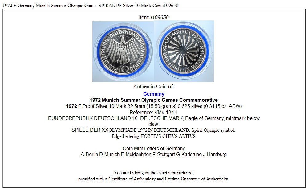 1972 F Germany Munich Summer Olympic Games SPIRAL PF Silver 10 Mark Coin i109658