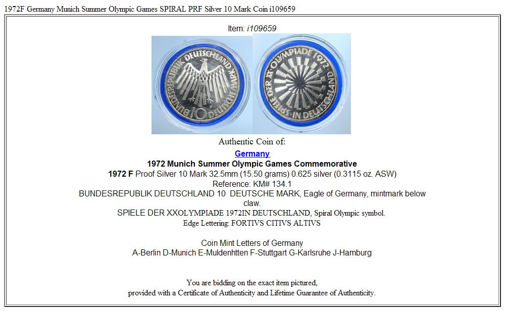 1972F Germany Munich Summer Olympic Games SPIRAL PRF Silver 10 Mark Coin i109659