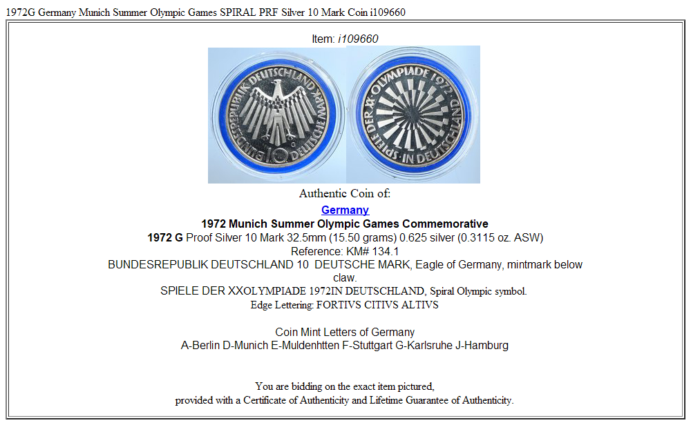 1972G Germany Munich Summer Olympic Games SPIRAL PRF Silver 10 Mark Coin i109660