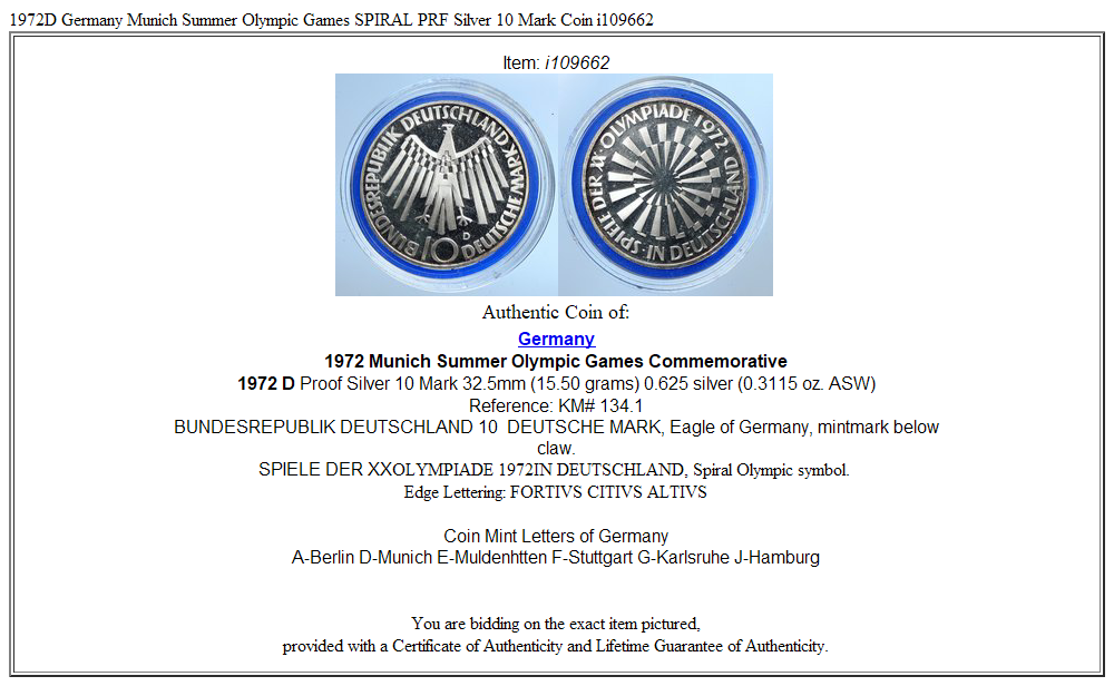 1972D Germany Munich Summer Olympic Games SPIRAL PRF Silver 10 Mark Coin i109662