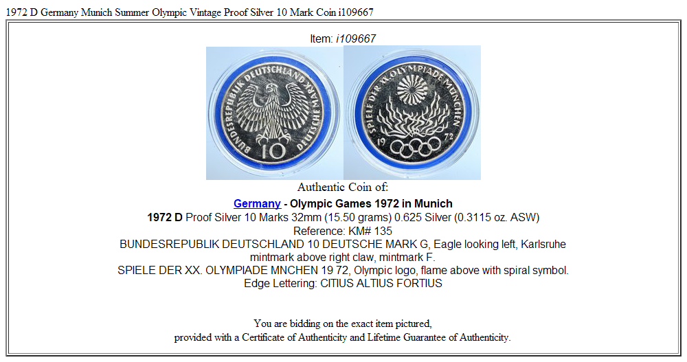 1972 D Germany Munich Summer Olympic Vintage Proof Silver 10 Mark Coin i109667