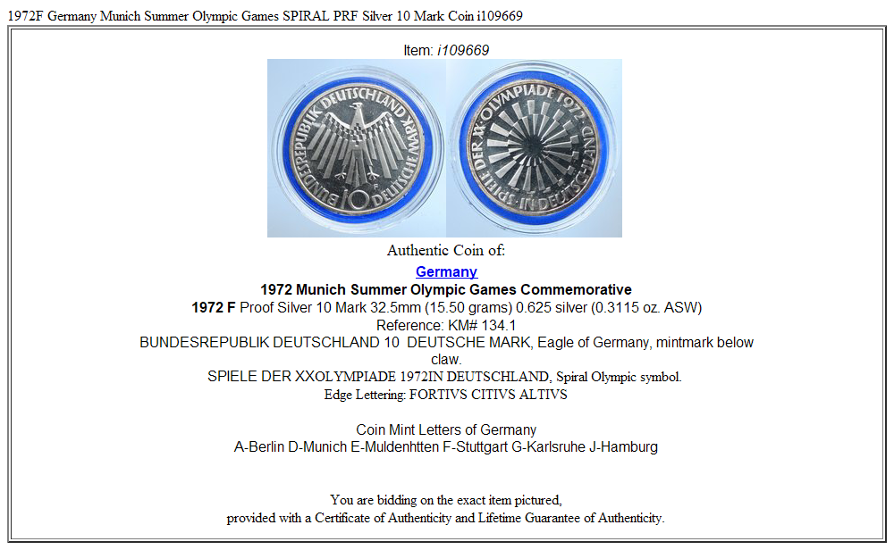 1972F Germany Munich Summer Olympic Games SPIRAL PRF Silver 10 Mark Coin i109669