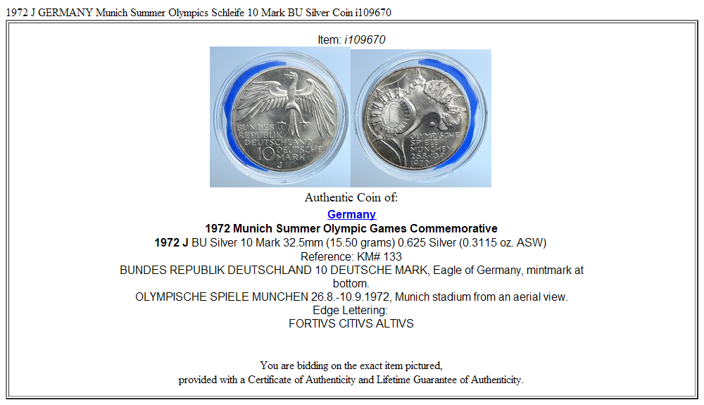 1972 J GERMANY Munich Summer Olympics Schleife 10 Mark BU Silver Coin i109670