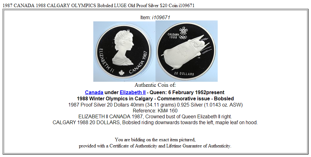 1987 CANADA 1988 CALGARY OLYMPICS Bobsled LUGE Old Proof Silver $20 Coin i109671