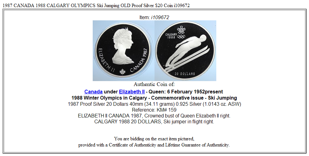 1987 CANADA 1988 CALGARY OLYMPICS Ski Jumping OLD Proof Silver $20 Coin i109672